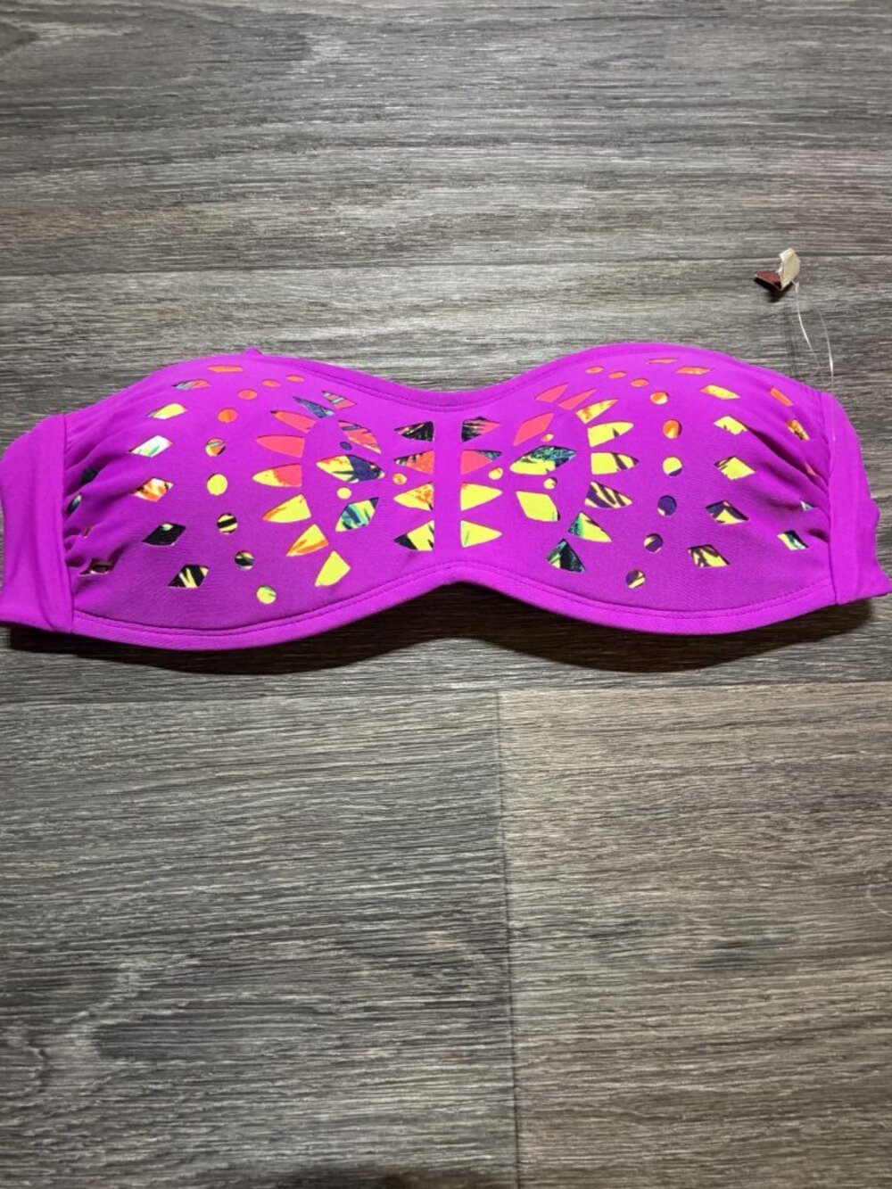 Arizona Jean Bandeau Cutout Bikini Top Medium Purple Multicolor Accents Neon